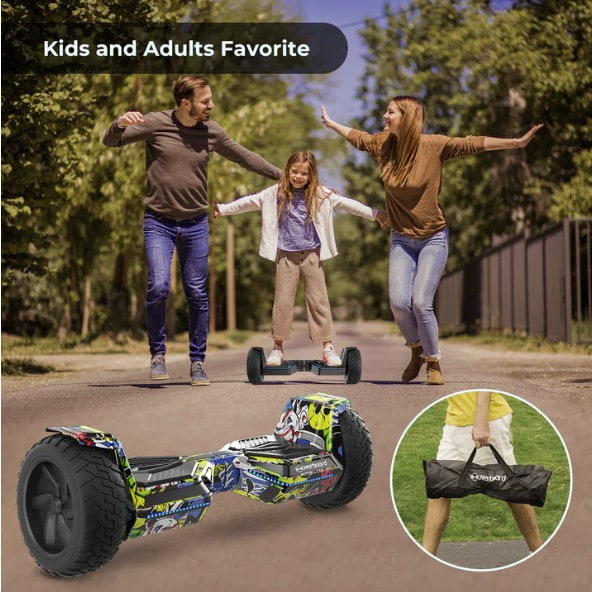 child riding on ihoverboard with parents