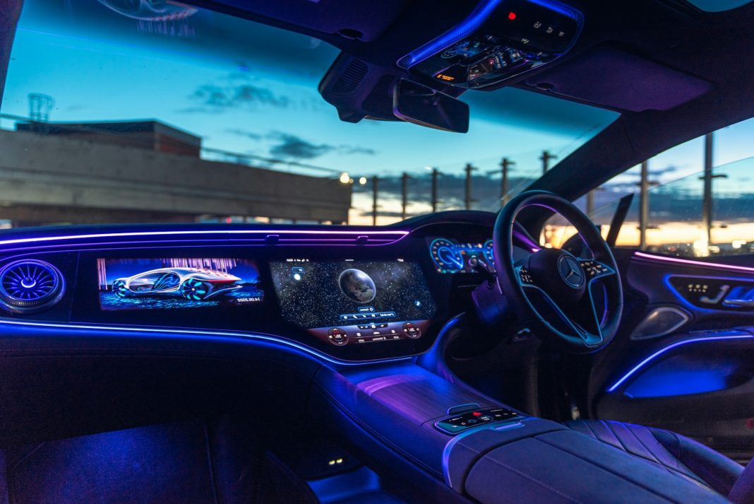 the-interior-of-a-car-with-blue-lights